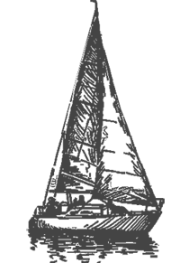 A simple sketch of a sailboat with a tall mast and triangular sails on calm water.